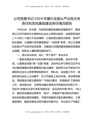 公司党委书记2024年履行全面从严治党主体责任和党风廉政建设责任情况报告