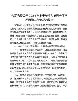 公司党委关于2024年上半年深入推进全面从严治党工作情况的报告