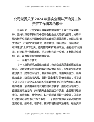 公司党委关于2024年落实全面从严治党主体责任工作情况的报告