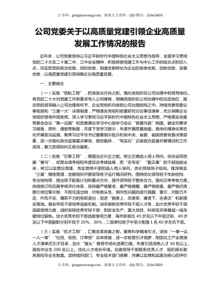 公司党委关于以高质量党建引领企业高质量发展工作情况的报告