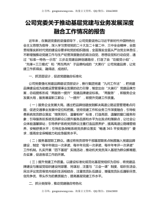 公司党委关于推动基层党建与业务发展深度融合工作情况的报告