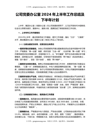 公司党委办公室2024年上半年工作总结及下半年计划