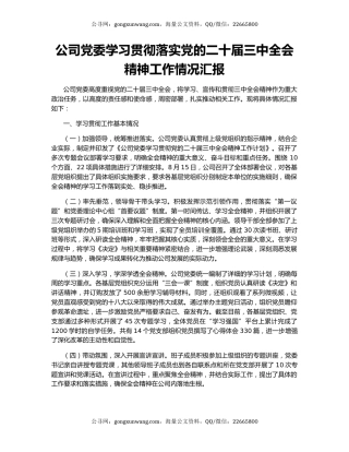 公司党委学习贯彻落实党的二十届三中全会精神工作情况汇报