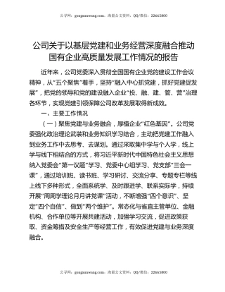 公司关于以基层党建和业务经营深度融合推动国有企业高质量发展工作情况的报告