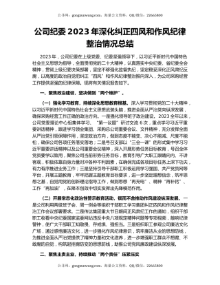 公司纪委2023年深化纠正四风和作风纪律整治情况总结