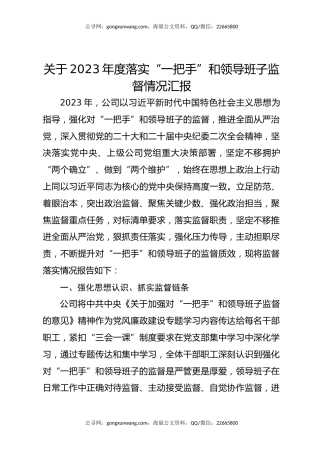 关于2023年度落实“一把手”和领导班子监督情况汇报