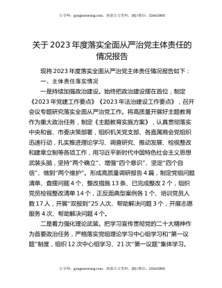 关于2023年度落实全面从严治党主体责任的情况报告