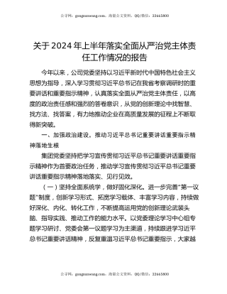 关于2024年上半年落实全面从严治党主体责任工作情况的报告