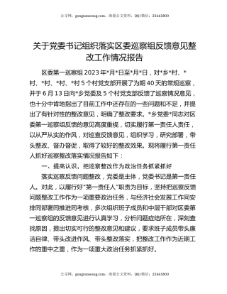 关于党委书记组织落实区委巡察组反馈意见整改工作情况报告