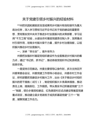 关于党建引领乡村振兴的经验材料