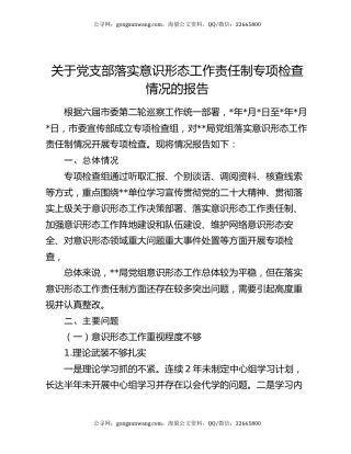 关于党支部落实意识形态工作责任制专项检查情况的报告