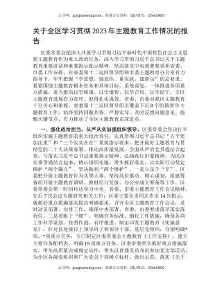 关于全区学习贯彻2023年主题教育工作情况的报告