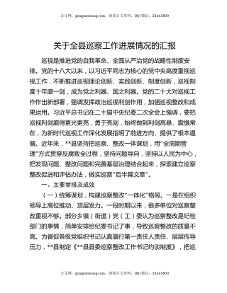 关于全县巡察工作进展情况的汇报