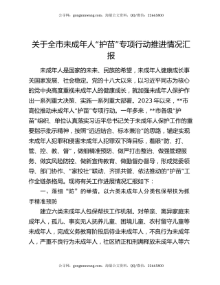 关于全市未成年人“护苗”专项行动推进情况汇报