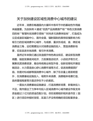 关于加快建设区域性消费中心城市的建议