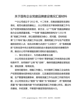 关于国有企业党建品牌建设情况汇报材料