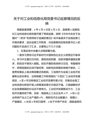 关于对工业和信息化局党委书记巡察情况的反映