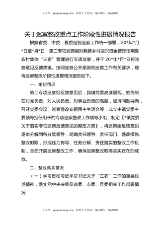 关于巡察整改重点工作阶段性进展情况报告