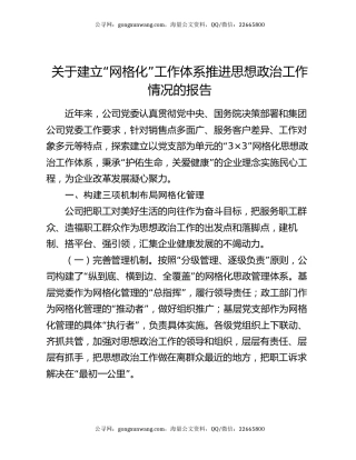 关于建立“网格化”工作体系推进思想政治工作情况的报告