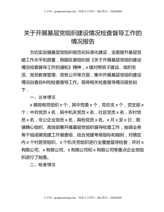 关于开展基层党组织建设情况检查督导工作的情况报告