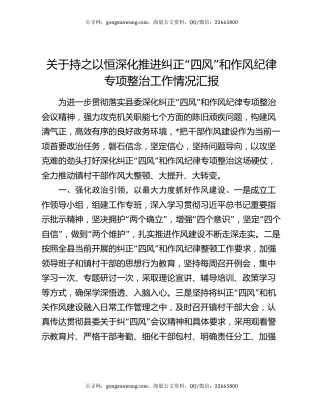 关于持之以恒深化推进纠正“四风”和作风纪律专项整治工作情况汇报
