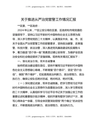 关于推进从严治党管警工作情况汇报