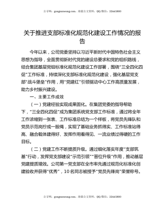 关于推进支部标准化规范化建设工作情况的报告