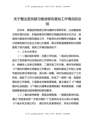 关于整治歪风陋习推进移风易俗工作情况的总结