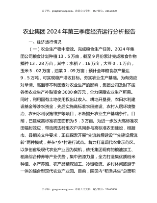 农业集团2024年第三季度经济运行分析报告