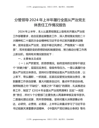 分管领导2024年上半年履行全面从严治党主体责任工作情况报告