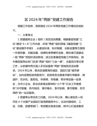 区2024年“两新”党建工作报告