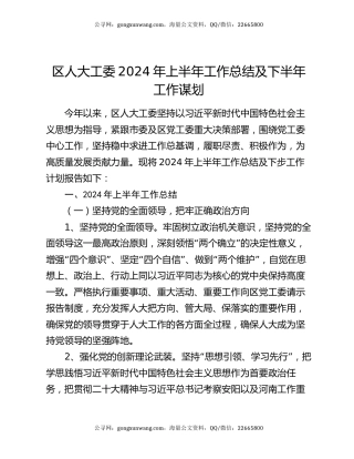 区人大工委2024年上半年工作总结及下半年工作谋划