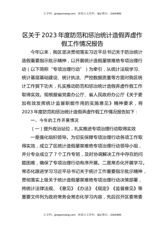 区关于2023年度防范和惩治统计造假弄虚作假工作情况报告