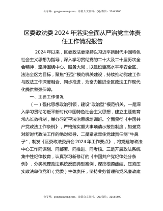 区委政法委2024年落实全面从严治党主体责任工作情况报告