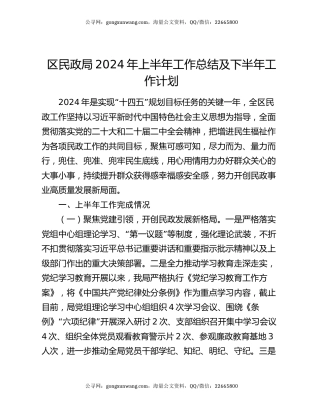 区民政局2024年上半年工作总结及下半年工作计划