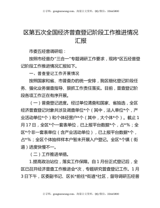 区第五次全国经济普查登记阶段工作推进情况汇报