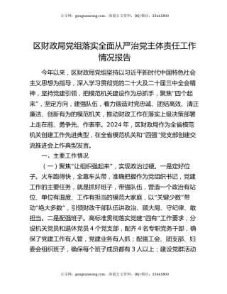 区财政局党组落实全面从严治党主体责任工作情况报告