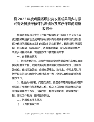 县2023年度巩固拓展脱贫攻坚成果同乡村振兴有效衔接考核评估反馈涉及医疗保障问题整改报告