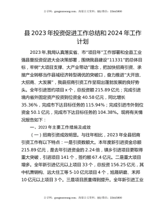县2023年投资促进工作总结和2024年工作计划