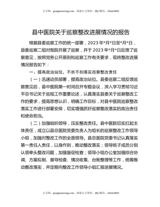 县中医院关于巡察整改进展情况的报告