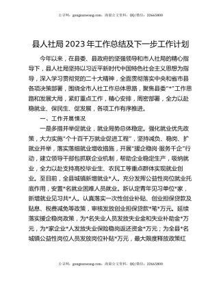 县人社局2023年工作总结及下一步工作计划