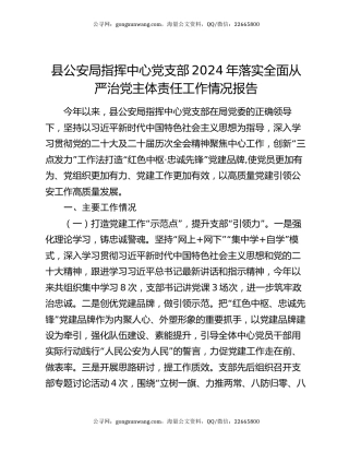 县公安局指挥中心党支部2024年落实全面从严治党主体责任工作情况报告