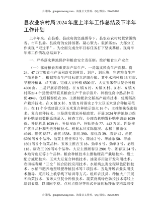 县农业农村局2024年度上半年工作总结及下半年工作计划