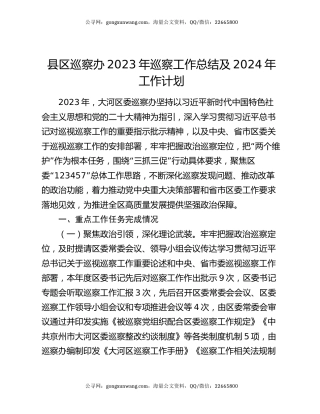 县区巡察办2023年巡察工作总结及2024年工作计划