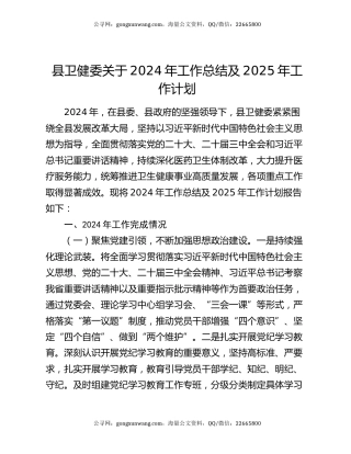 县卫健委关于2024年工作总结及2025年工作计划