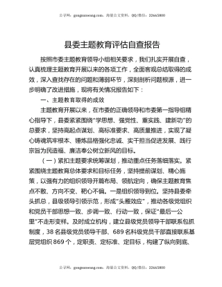 县委主题教育评估自查报告