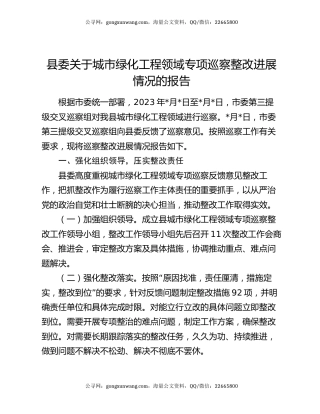 县委关于城市绿化工程领域专项巡察整改进展情况的报告