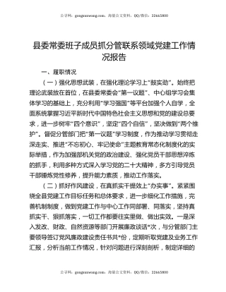 县委常委班子成员抓分管联系领域党建工作情况报告