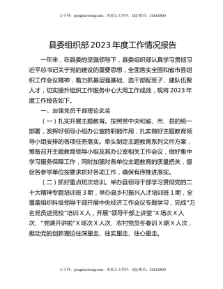 县委组织部2023年度工作情况报告