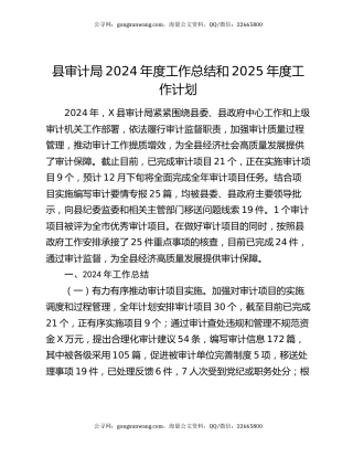 县审计局2024年度工作总结和2025年度工作计划